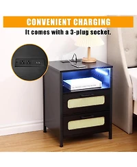 gaomon Nightstand with Led Lighting Charging End Table with 2 Usb Ports and 2 Outlets Bedroom Night Stand with 2 Rattan Decorated Drawers , Open Shelf