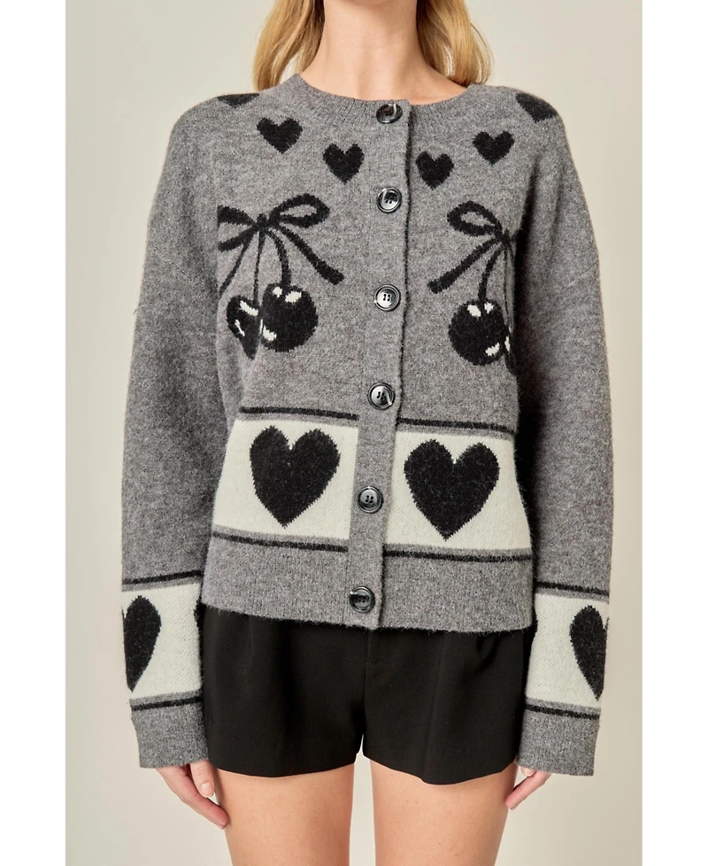 English Factory Women's Knit Cardigan with Cherry Heart Pattern