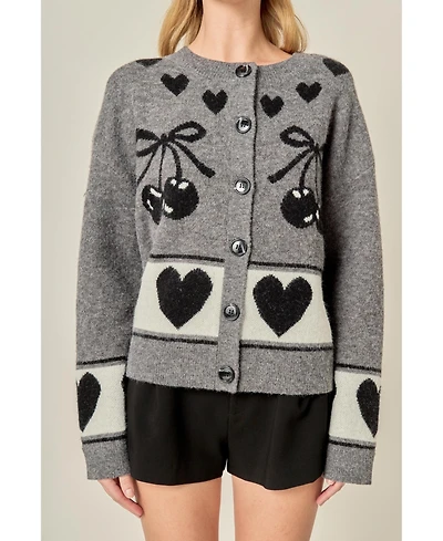 English Factory Women's Knit Cardigan with Cherry Heart Pattern