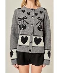 English Factory Women's Knit Cardigan with Cherry Heart Pattern