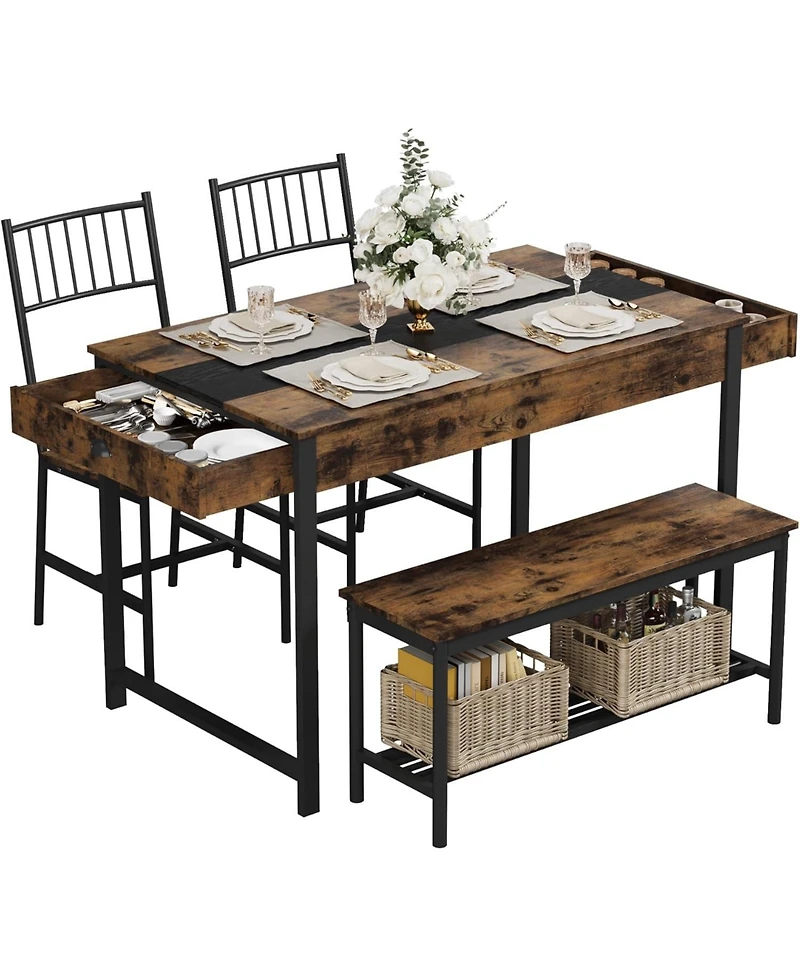 gaomon 4-Piece Farmhouse Rectangular Dining Table Set with 2 Chairs and Bench