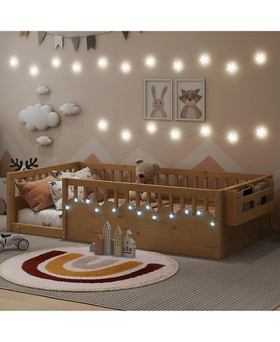 flynama Montessori Wood Floor Bed With Led Light Storage Shelf High Rails
