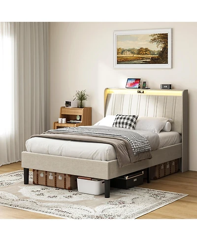 flynama Platform Bed Fabric Upholstered Headboard Wood Slats Usb Charging