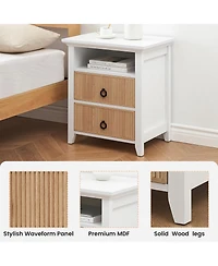 gaomon Wooden Nightstand with 2 Drawers and Open Shelf Ripple Pattern Bedside Table with Fluted Design Suitable End Side Table for Bedroom Living Room
