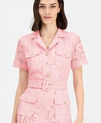 Tahari Asl Women's Belted Short-Sleeve Lace Midi Shirt Dress