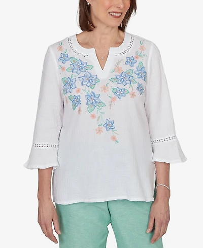 Alfred Dunner Women's Caribbean Blues Tropical Floral Split Neck Embroidered Top