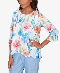 Alfred Dunner Women's Caribbean Blues Whimsical Flower Bell Sleeve Top