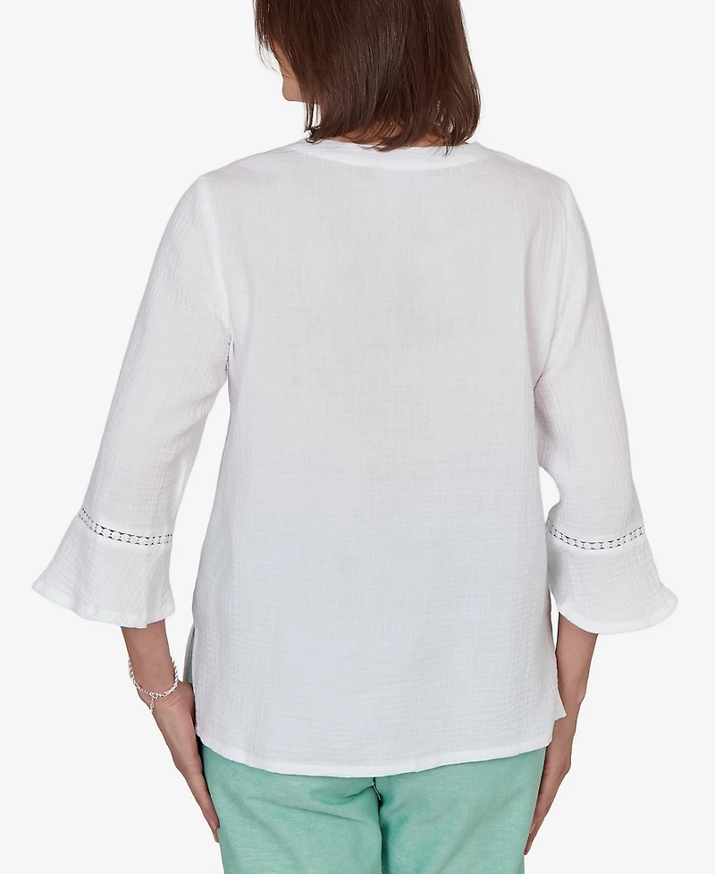 Alfred Dunner Petite Caribbean Blues Tropical Floral Split Neck Embroidered Top