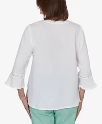 Alfred Dunner Petite Caribbean Blues Tropical Floral Split Neck Embroidered Top