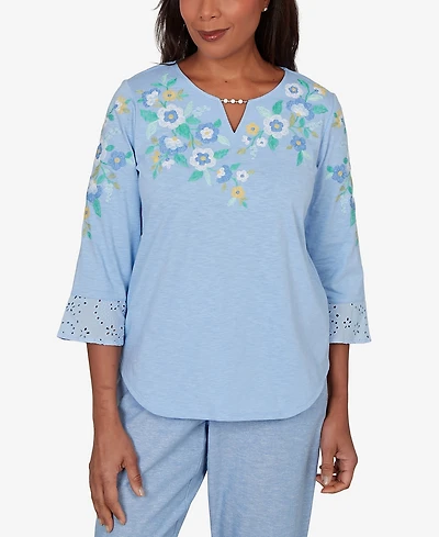 Alfred Dunner Petite Caribbean Blues Floral Embroidered Split Neck Top