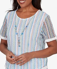 Alfred Dunner Petite Caribbean Blues Textured Stripe T-Shirt with Necklace