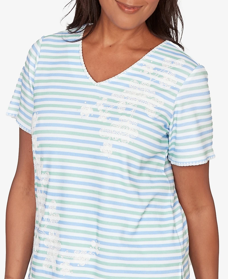 Alfred Dunner Petite Caribbean Blues Highlight Flower Striped T-shirt