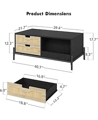 gaomon Wooden Coffee Table, Modern Farmhouse Style 394" Table with 4 Hidden Drawers and 2 Open Compartments, Room Tables with Led Mood Lighting