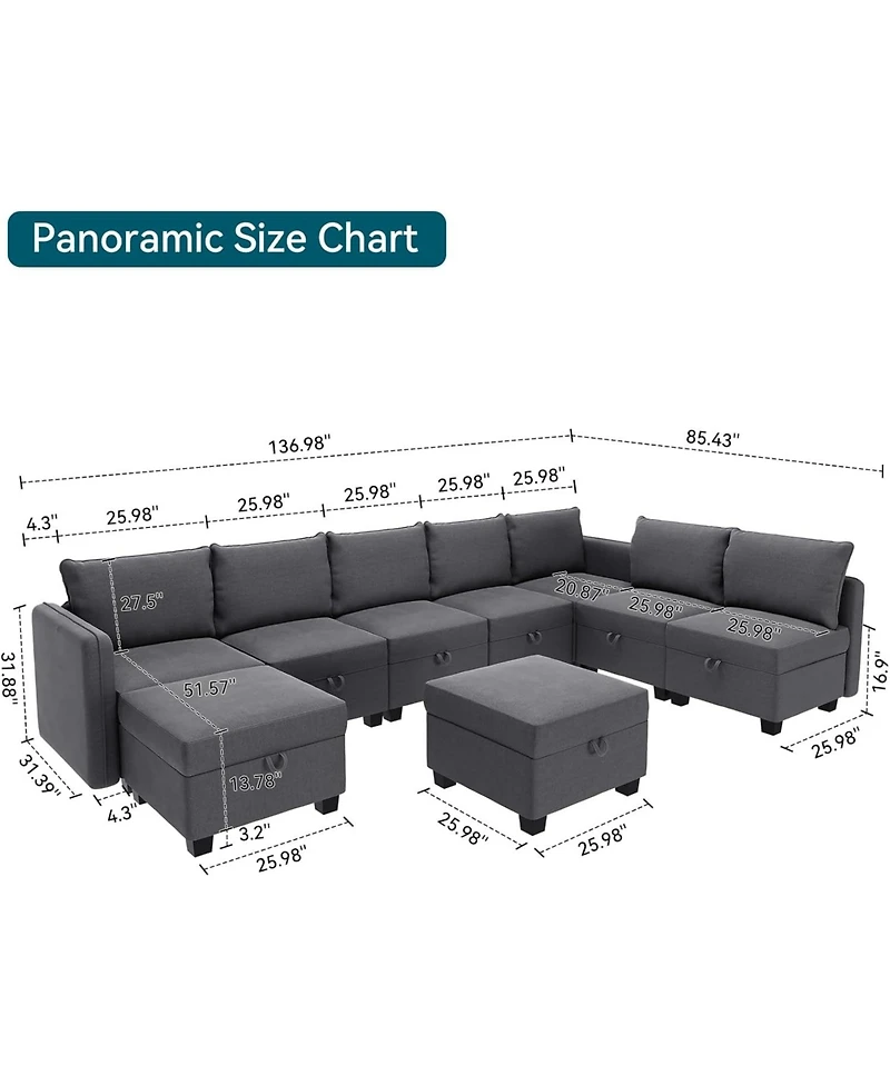 gaomon Modular Sofa Sectional Sleeper Couch with 2 Ottomans, 9 Seat Convertible U Shaped Modular Couch with Storage, Oversized Sofa Sleeper