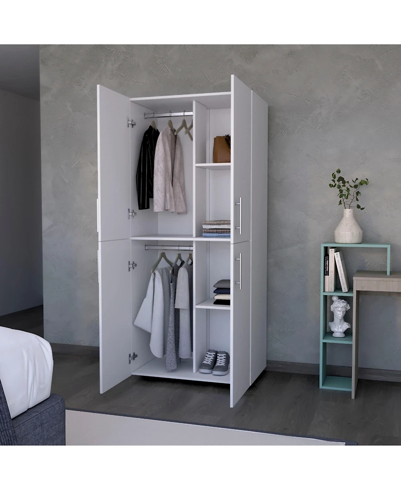 flynama Hazel Armoire Melamine with Two Doors Four Shelves and Two Clothes Hanging Bars Bedroom Storage Organizer