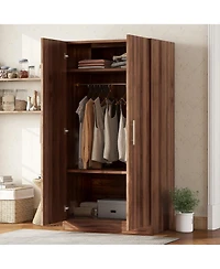 flynama 2 Door Wooden Wardrobe Armoire with 3 Storage Shelves Brown Clothing Storage Cabinet for Bedroom and Guest Room