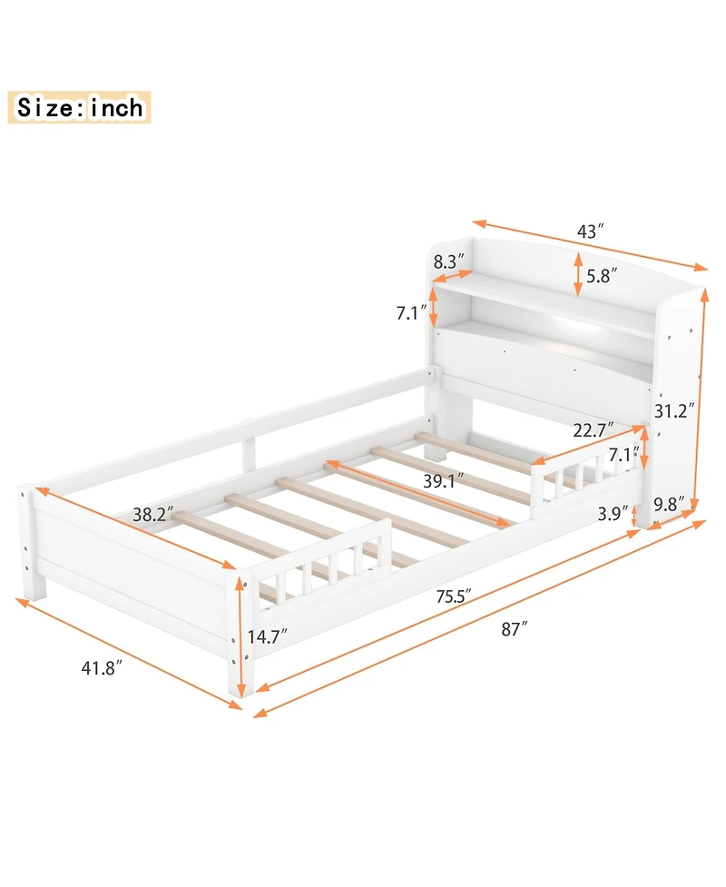 flynama Wood Platform Bed Led Light Storage Headboard Guardrail Pine Wood