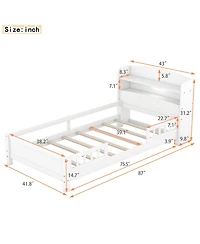 flynama Wood Platform Bed Led Light Storage Headboard Guardrail Pine Wood
