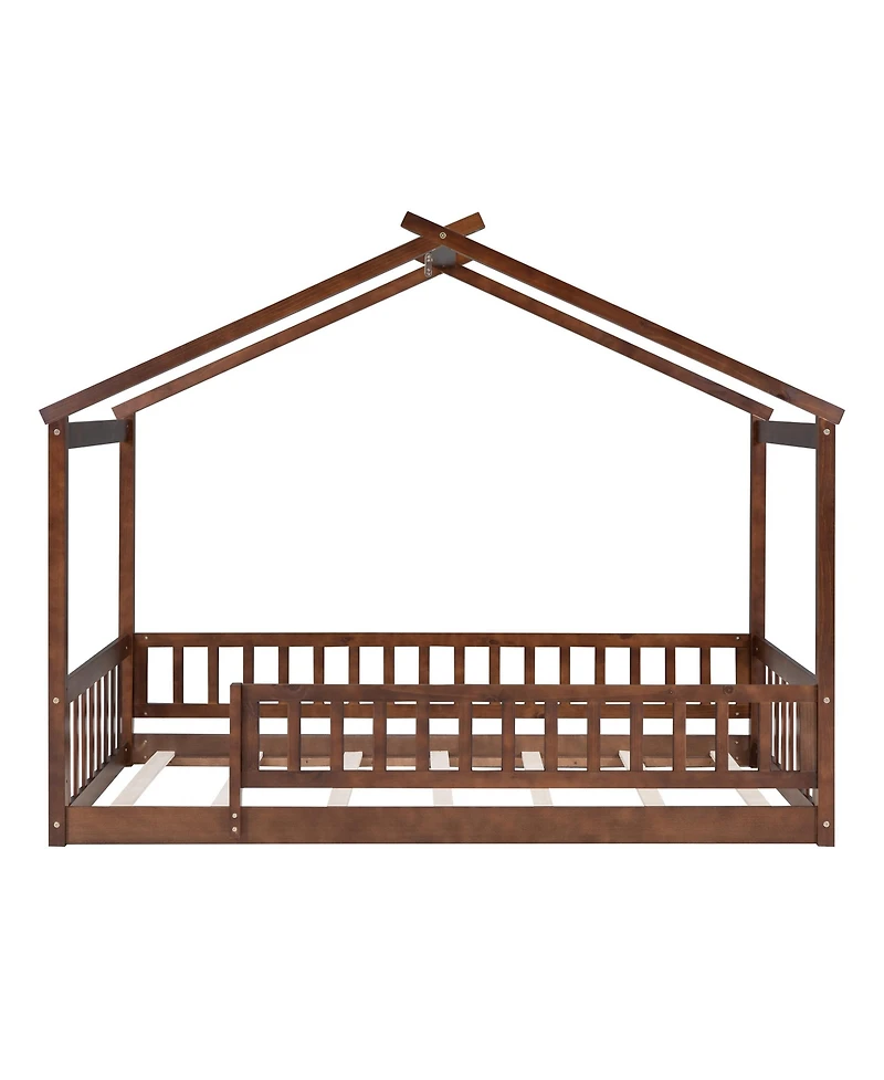 flynama Wood House Bed Walnut Roof Fence Pine Wood Frame 7 Slats Kids Teens
