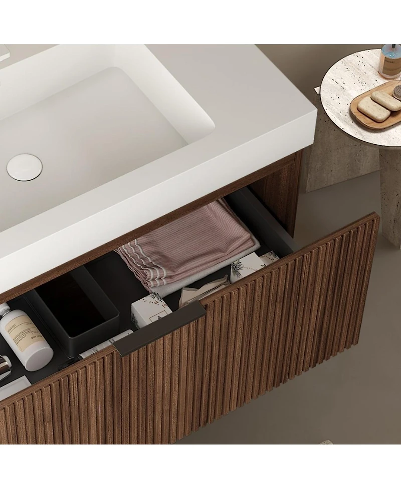 Thirtypeachy 36" Retro Deep Walnut Plywood Freestanding Bathroom Vanity Cabinet, No Basin, 1 Full-Extension Drawer And Open Towel Shelf