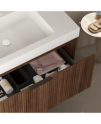 Thirtypeachy 36" Retro Deep Walnut Plywood Freestanding Bathroom Vanity Cabinet, No Basin, 1 Full-Extension Drawer And Open Towel Shelf