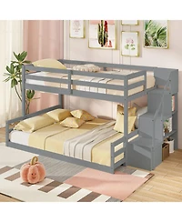 Sugift Solid Wood Twin Over Full Low Bunk Bed with Storage Stairs