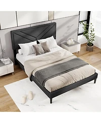 Sugift Upholstered Platform Bed with Tufted Headboard and Slats