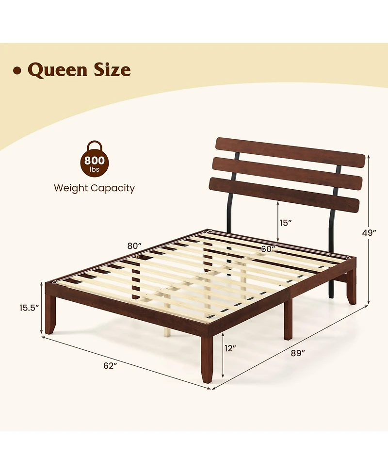 Sugift Solid Wood Platform Bed with Retro Style Headboard