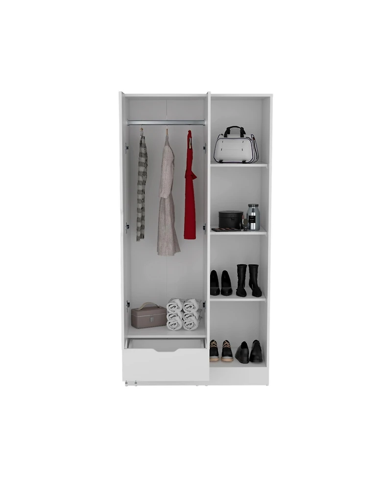 flynama Memphis Wardrobe Armoire with 4-Tier Shelves 1 Drawer Hanging Rod