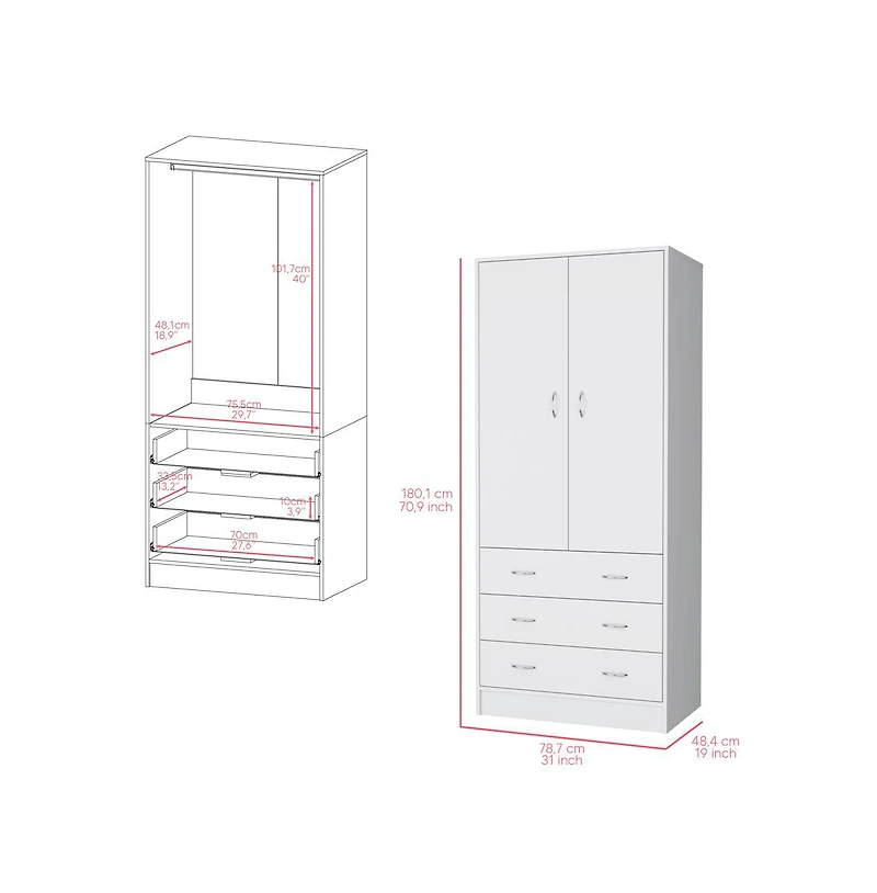 flynama Ramey Armoire Bedroom Storage Organizer with Hanging Rod Three Drawers and Stylish Handles