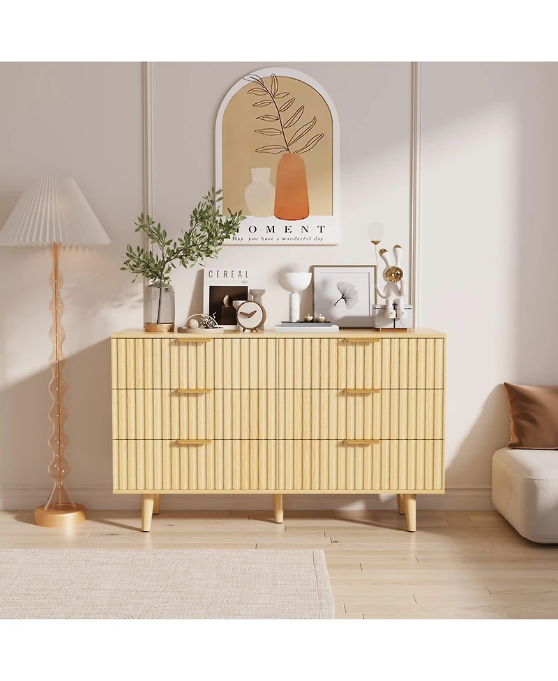 flynama 6 Drawer Fluted Wooden Dresser 47.24W 14.96D 33.06H for Bedroom Nursery Entrance with Wave Pattern