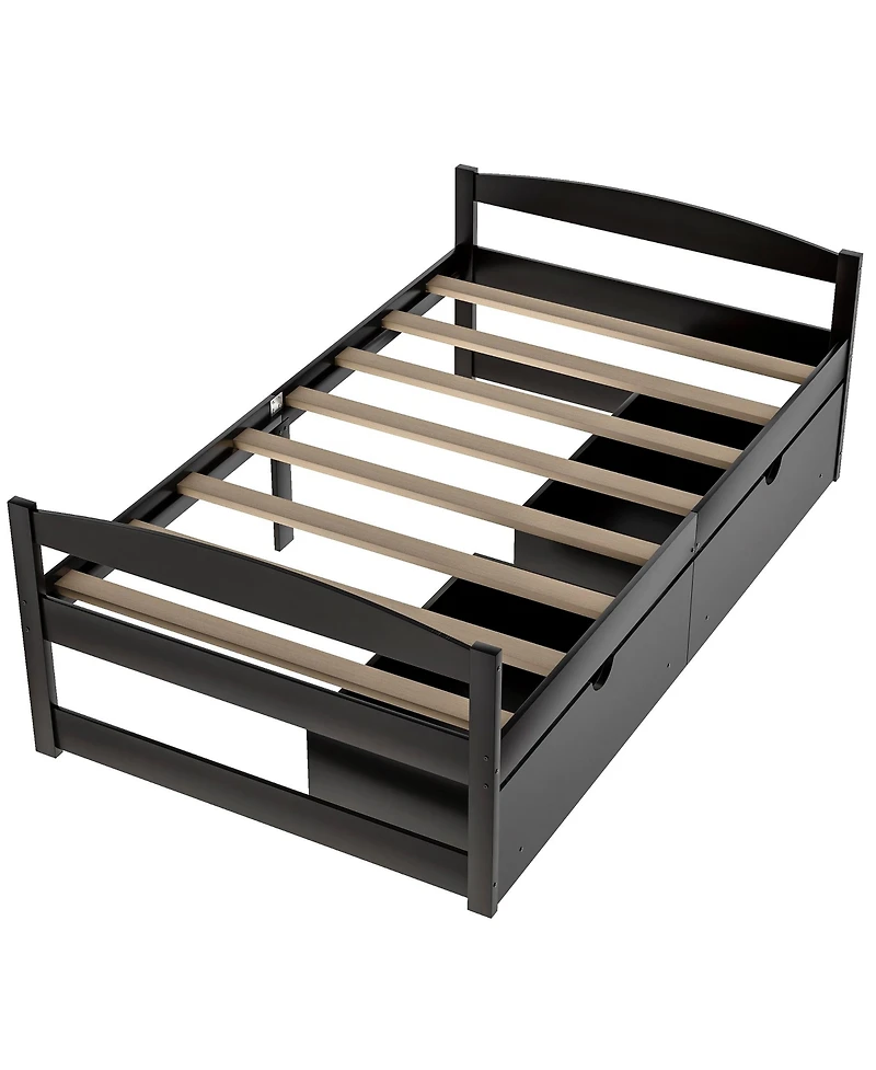 flynama Espresso Wood Platform Bed with Two Storage Drawers Space Saving Design for Bedroom