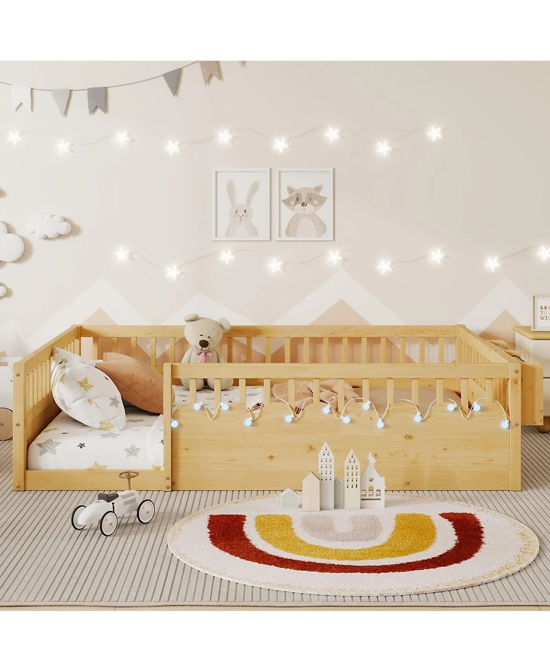 flynama Wood Montessori Floor Bed with High Rails Led Light and Reversible Storage Shelf