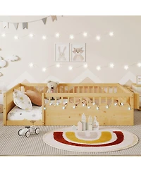 flynama Wood Montessori Floor Bed with High Rails Led Light and Reversible Storage Shelf