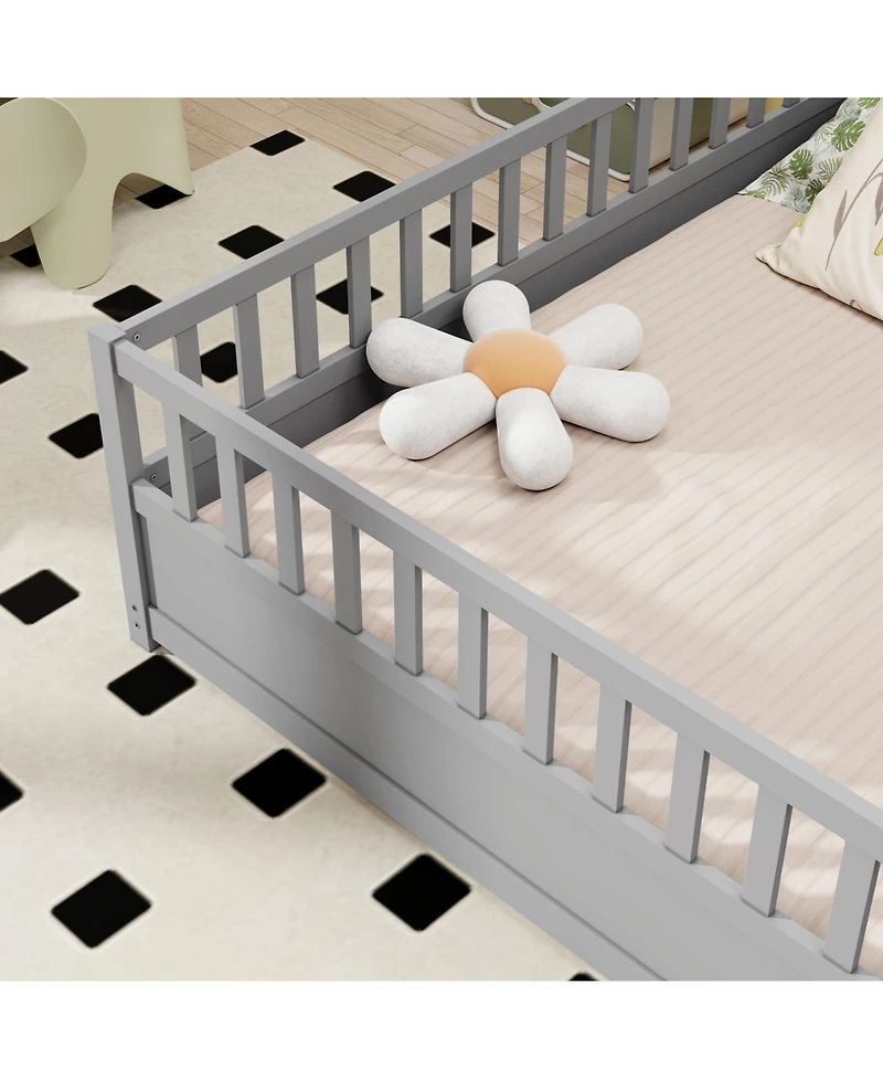 flynama Montessori Wooden Floor Bed With High Security Barrier And Door For Kids Bedroom