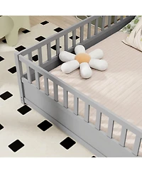 flynama Montessori Wooden Floor Bed With High Security Barrier And Door For Kids Bedroom