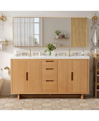 Thirtypeachy 59.3" Modern Bathroom Vanity With Resin Sink, Solid Wood Mdf Handle-Free, 4 Doors 3 Drawers Soft-Close