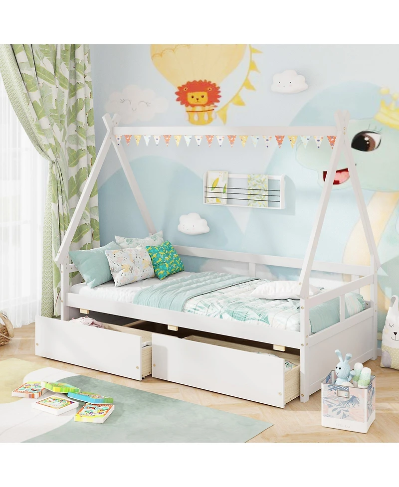 Sugift Twin Size House Bed with Roof Design and Safety Guardrails