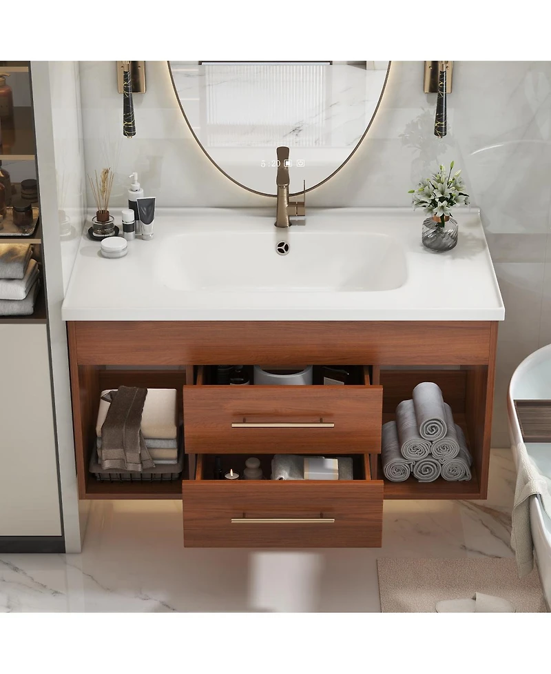 Sillysis 35.4" Mid-Century Wall Mounted Bathroom Vanity with Integrated Ceramic Sink, Walnut Solid Wood, Soft Close Drawers, Open Shelves