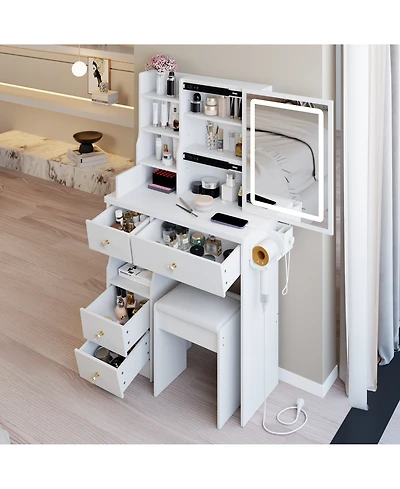 Flynama Small Size Drawer Desktop Vanity Table with Mirror and Storage for Compact Beauty Space