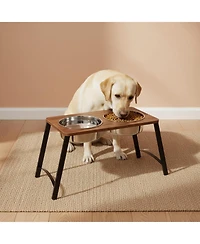 Aronkl Elevated Dog Bowl Stand with 2 Stainless Steel Bowls Tilted Wood Metal Joint Strain Relief Non-slip