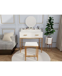 Flynama Elegant Vanity Set with Large Mirror and Padded Stool for Bedroom Makeup and Grooming Activities