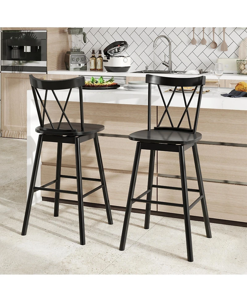 Gymax Windsor Bar Stool Set of 2 29'' Swivel Rubber Wood Dining Chairs Spacious Seat