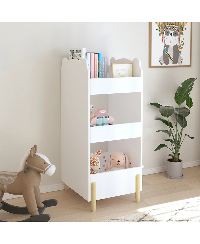 Rainsken Bear Shaped Wooden Bookcase, Kids Book Display Shelf with Chalkboard Side and 3-Tier Storage for Playroom, Bedroom, Kindergarten