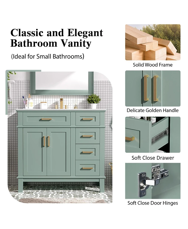 Sillysis 36" Modern Bathroom Vanity with Sink, Freestanding Solid Wood Cabinet, Soft Close Drawers for Home