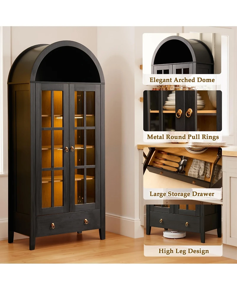 Xizzi Arched Glass Door Sideboard Cabinet, 71” Tall Wood Display Cabinet with Drawer and Invisible Lock, Bookshelf for Living Room, Office, Ent
