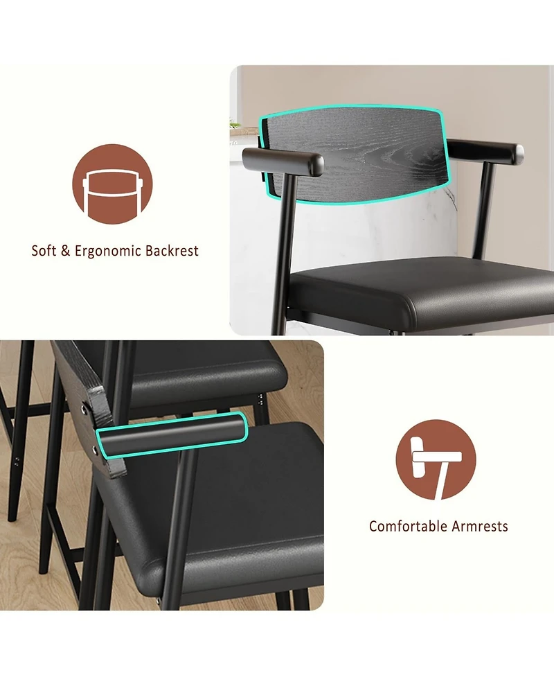 gaomon 26" Counter Height Bar Stools Set of 2 with Arms, Upholstered Modern Metal Bar Chairs, Back & Footrest for Kitchen Island