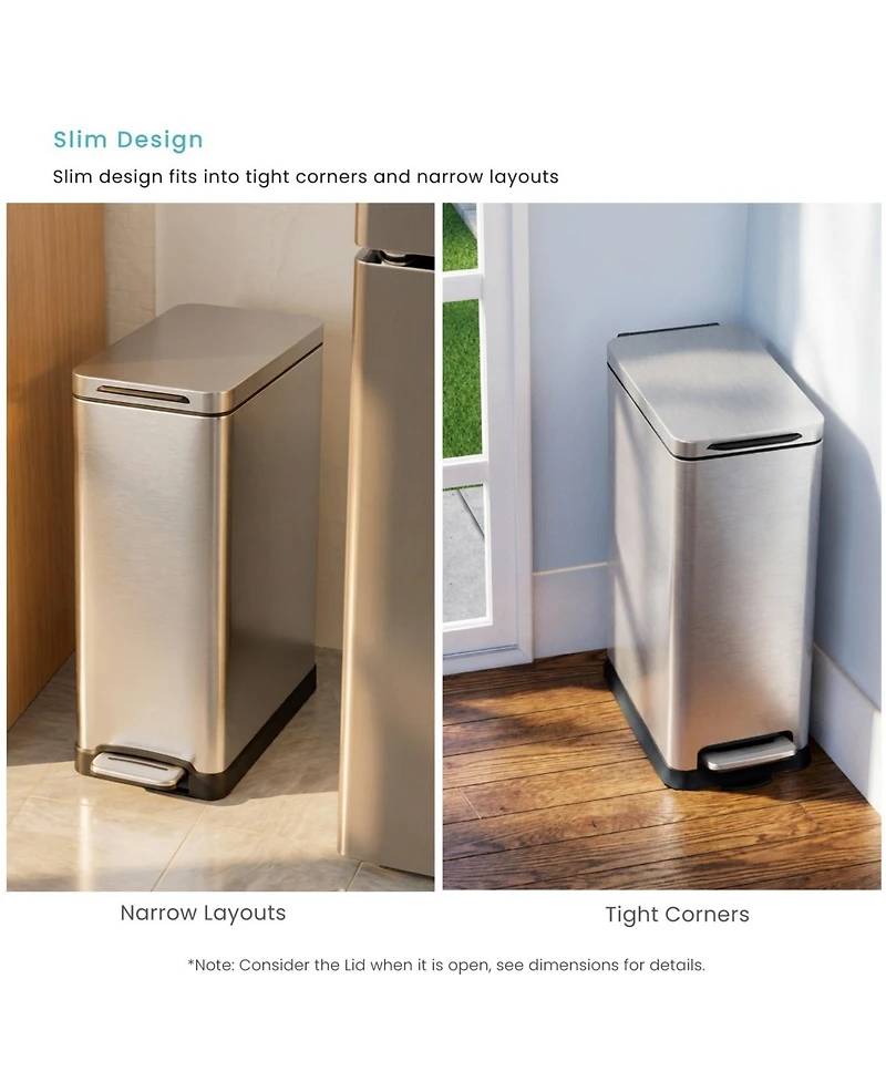 Home Zone Living 11 Gallon Kitchen Trash Can with Soft-Close Lid and Slim Stainless Steel Design