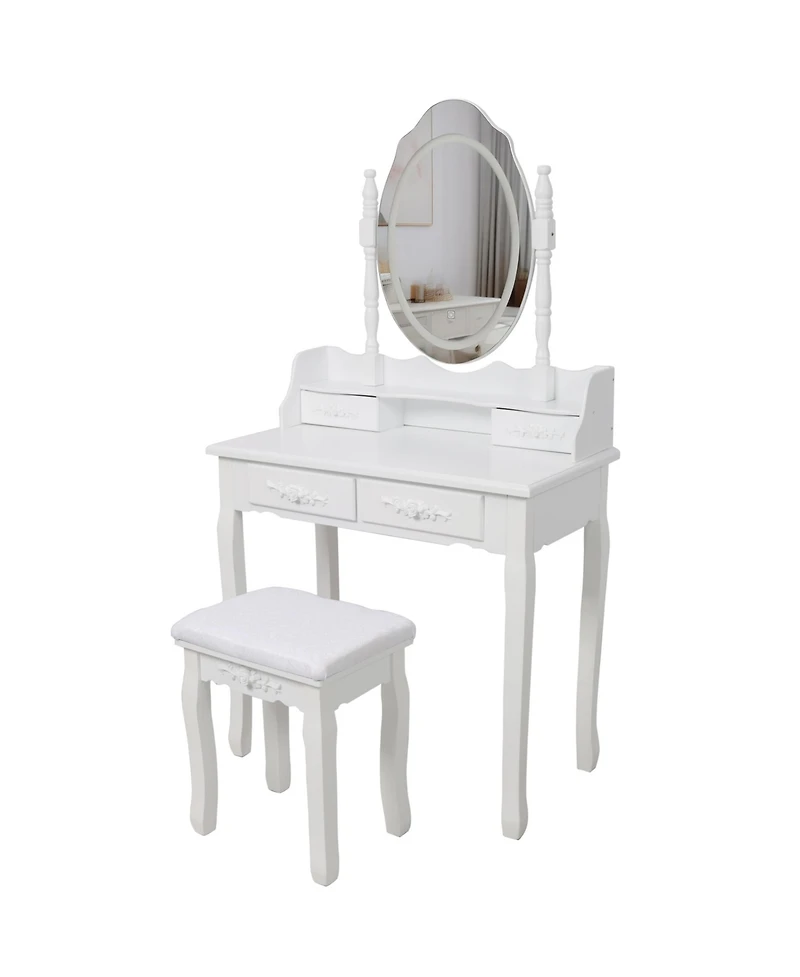 Flynama Princess Vanity Desk Set with Mirror Cushioned Stool 4 Drawer Wooden Makeup Dressing Table for Girls Bedroom