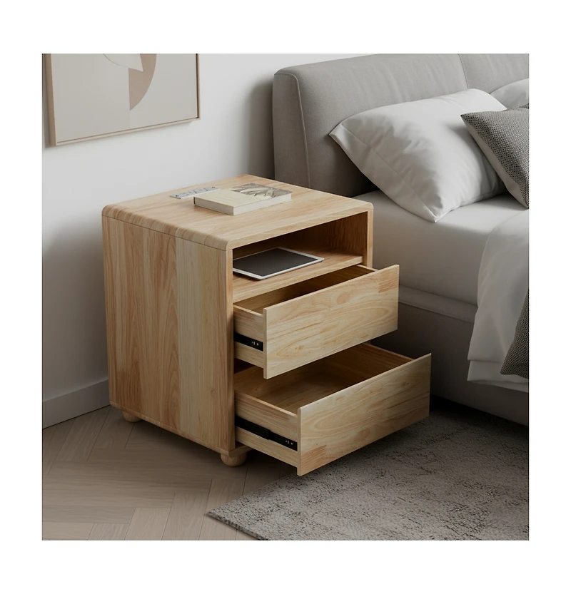 Flynama Elegant Modern Wooden Nightstand with Drawers Natural Finish Bedside Table for Bedroom Living Room